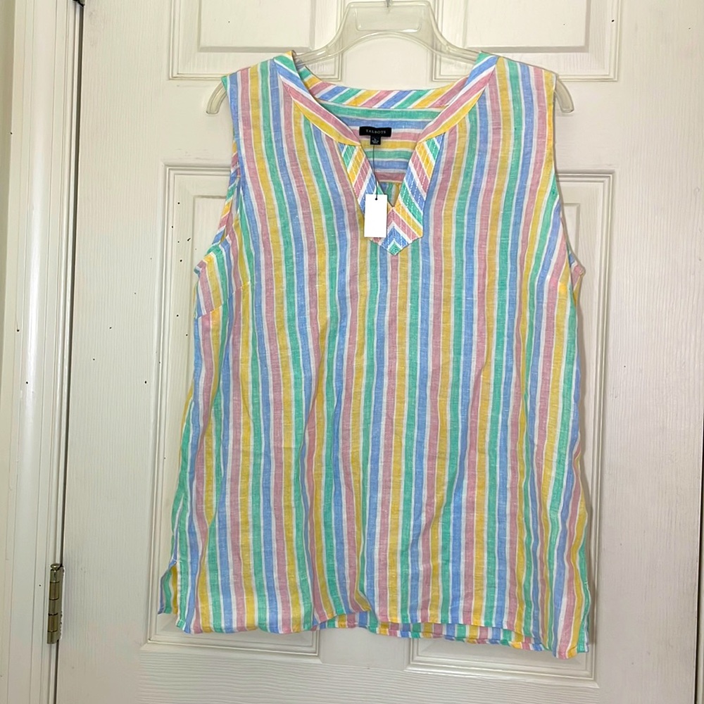 NWT 100% Linen Talbots Pastel Stripes Top Size Large